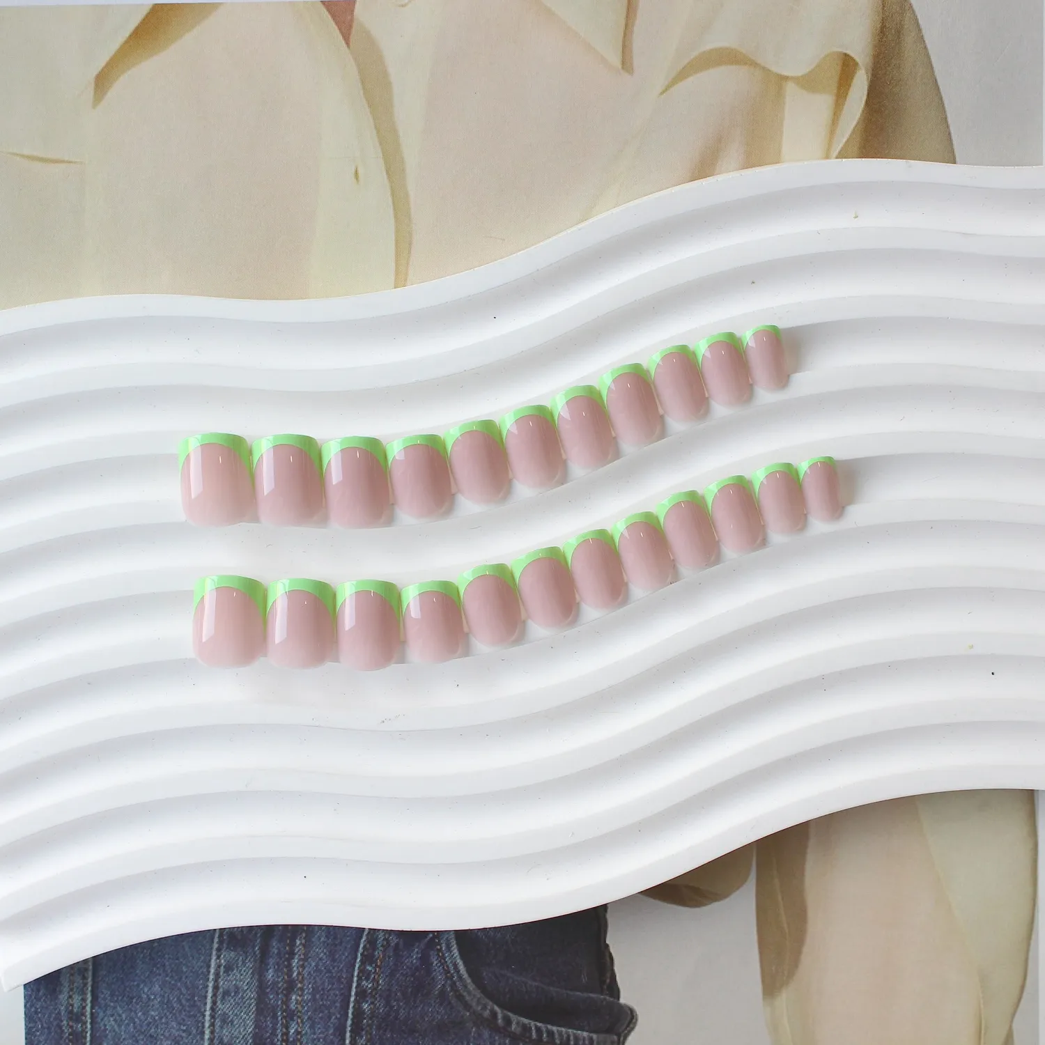 Neon Green French Tip Press on Nails Short Square Nails Press ons French Tip Glue on Nails for Women DIY Acrylic French Nails Short Gel Nails Natural Thick Extra Short French Fake Nails 30Pcs 15 Sizes