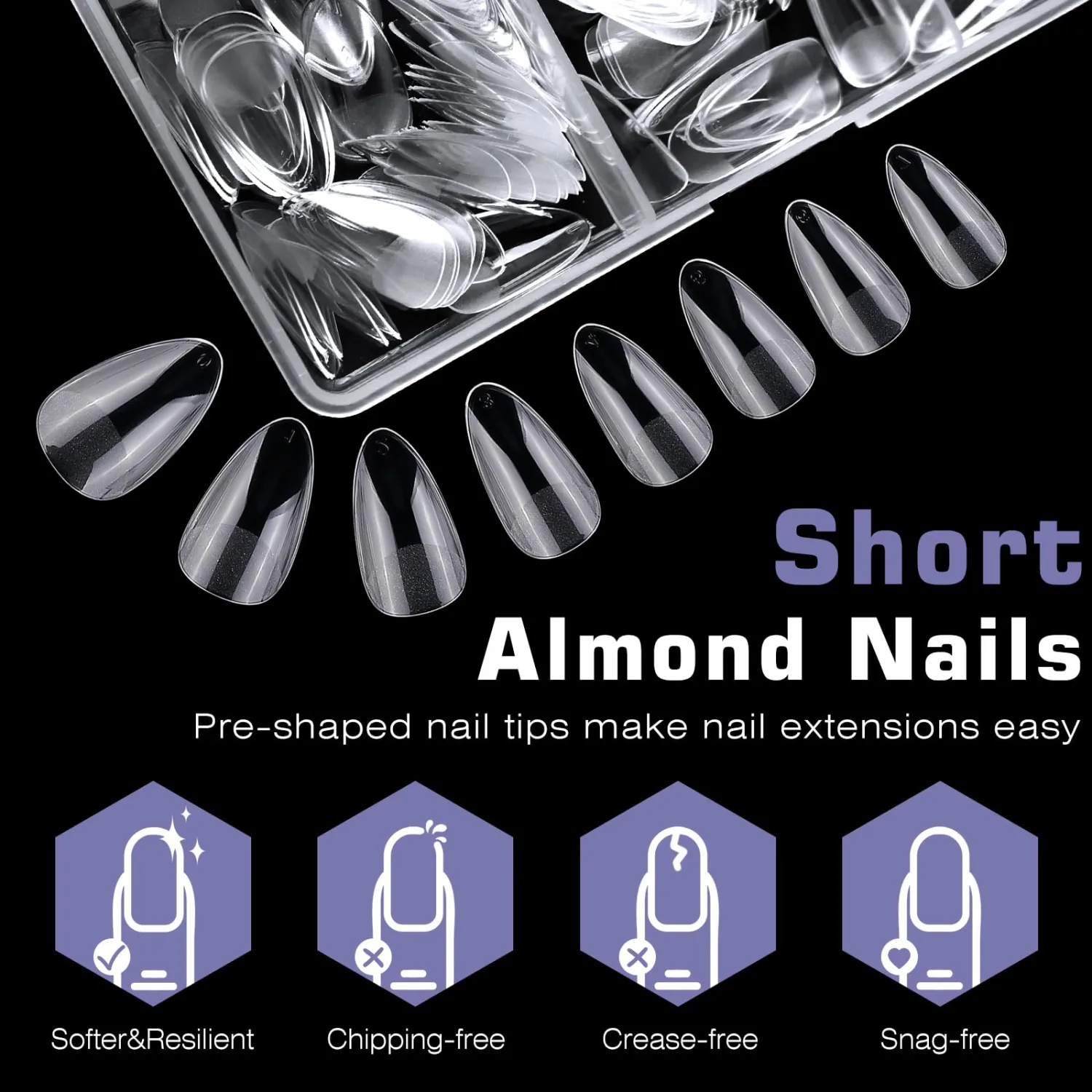 600pc Short Almond Nail Tips Fake Nails Press on Nails Clear Nail Tip Full Cover False Nails Artificial Fingernail, 12 Sizes Soft Gel Nail Tips for Acrylic Nails Gel Nail Extensions