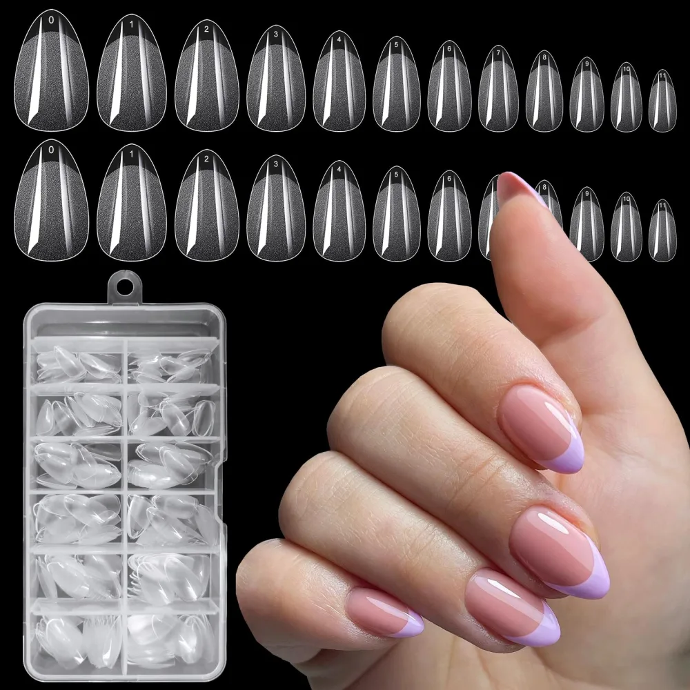 LoveOurHome 240pc Gel X Nail Tips Short Almond Fake Nails Tips Clear False Nail Full Cover Soft Gel Artificial Fingernails 12 Sizes for Gel x/Acrylic Nails Extension Press on Nails Making