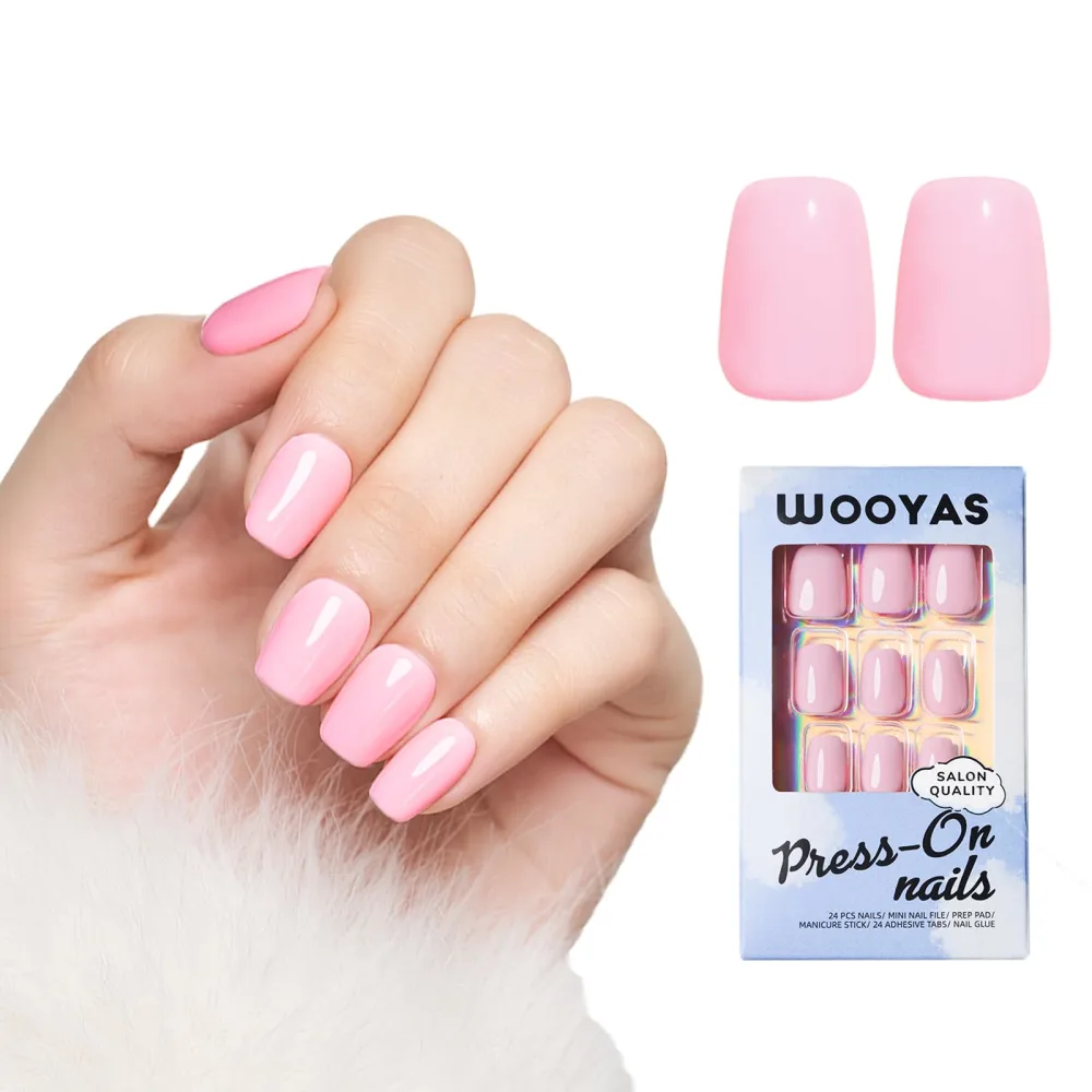 Press on Nails Short, Soft Pink Square Handmade Gel Fake Nails Reusable，Lightweight Natural Glossy Fake Nail in 12 Sizes - 24 Pcs Soft Gel Glue On Nails Kit for Women Gift