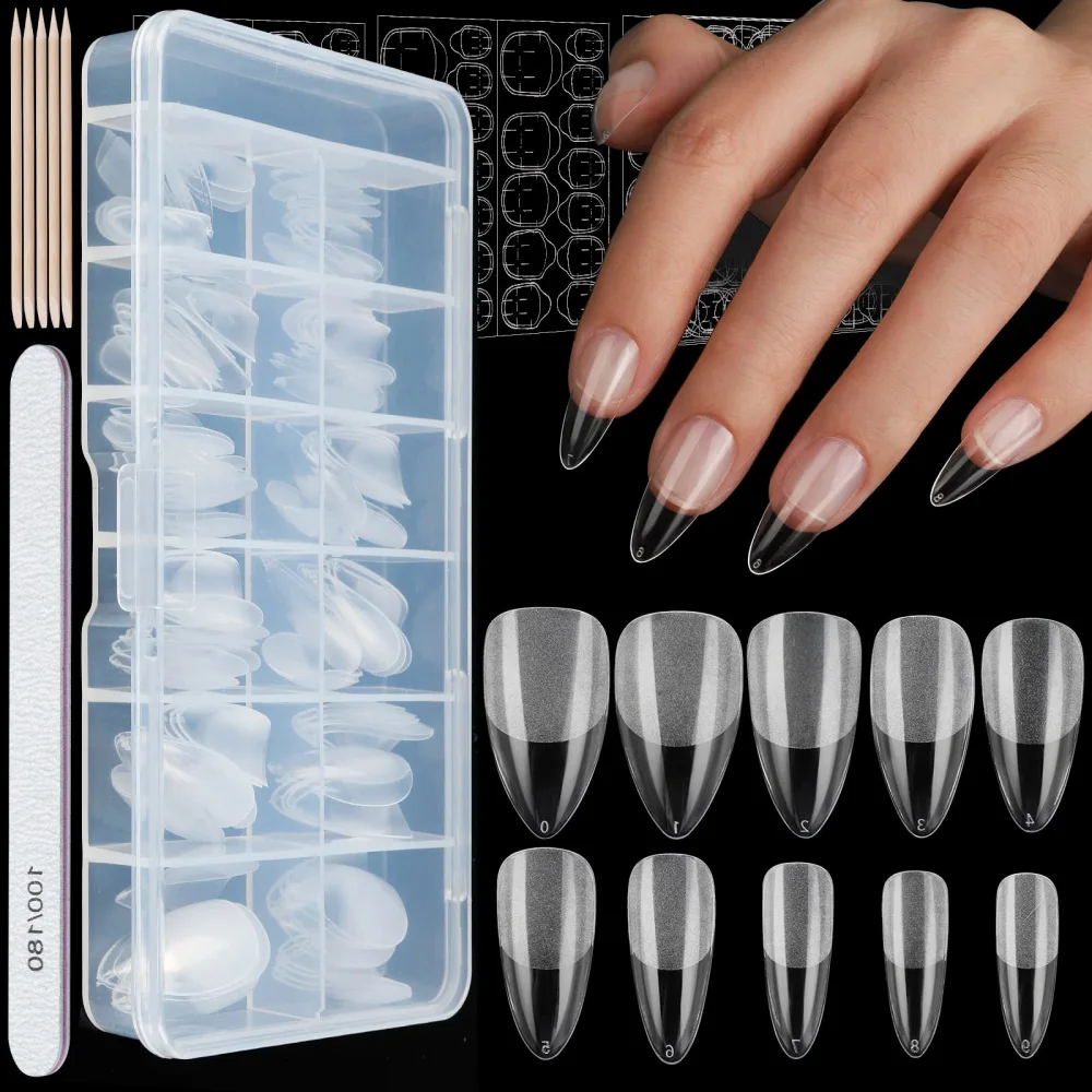 FANDAMEI Half Matte Almond Nail Tips Kit, 144 PCS Medium False Nail Tips For Nail Art, Full Cover False Nails, Clear Fake Nail Tips, With Double Sided Adhesive Tape, Nail File 100/180, Nail Sticks