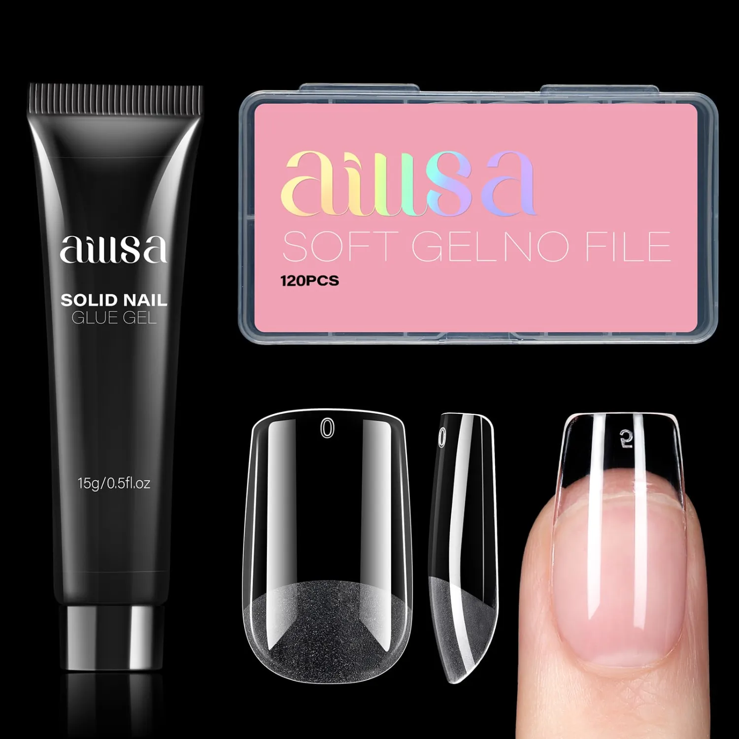 AILLSA Square Nail Tips with Solid Nail Glue Curing Needed Full Cover Nail Tip Short Gel Nails Tips Half Matte Gelly False Nails Tip Glue Gel Kit for DIY Home Salon (120PCS 12Sizes)