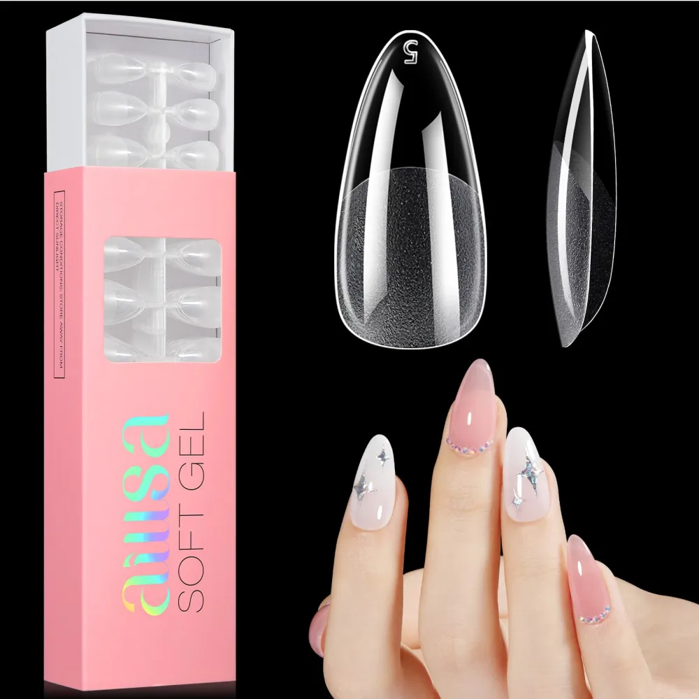 AILLSA Medium Almond Nail Tips Soft Gel Full Cover Nails Tips Clear Half Matte Press On Nail Tips Preshaped False Gelly Nail Tips for Nails Extension with Storage Box 360PCS 12 Sizes