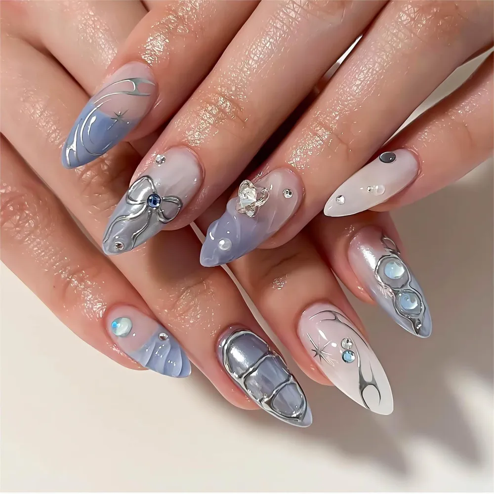 Long Press on Nails Almond Fake Nails French Press on Nails Blue False Nails with Charms Rhinestone Designs Blue Ombre Acrylic Artificial Nails Stick on Nails Bow Cute Nails for Women