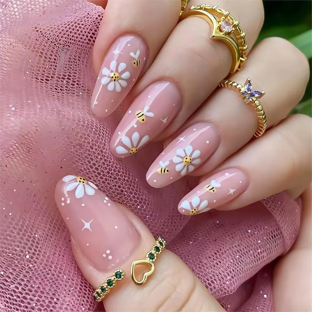 Medium Press on Nails Almond False Nails with Glue Pink Acrylic Fake Nails with White Flower Designs Wide Bed Glossy Artificial Nails Cute Little Bee Stick on Nails for Women 24Pcs