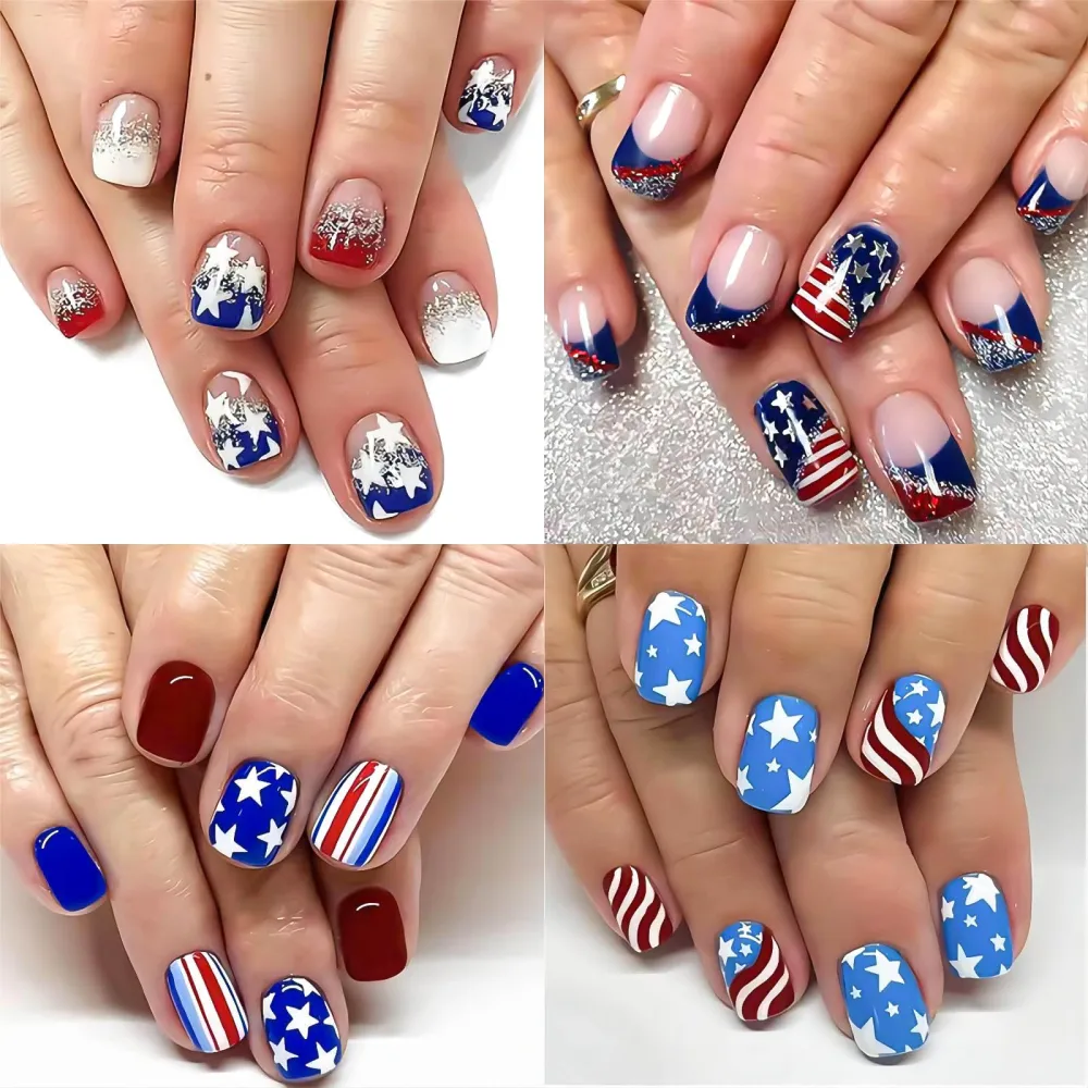 4th of July Press on Nails 96Pcs Independence Day Short Square Fake Nails Acrylic False Nails with American Flag Designs Glitter Artificial Nails Red Blue Stick on Nails for Women