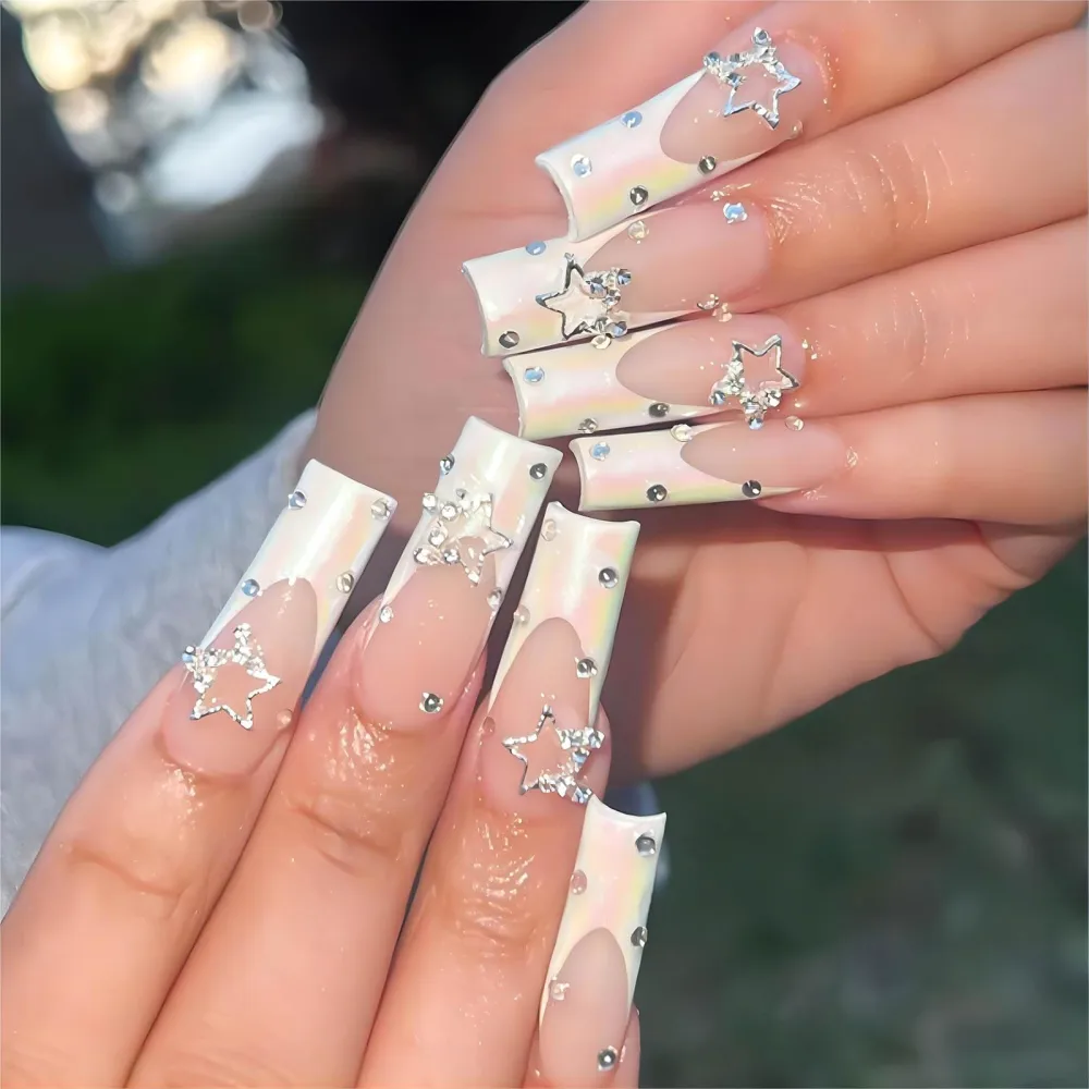 White French Press on Nails Long Coffin Fake Nails Nude Acrylic False Nails with 3D Silver Star Designs Rhinestones Glossy Artificial Nails Luxury Stick on Nails for Women 24Pcs