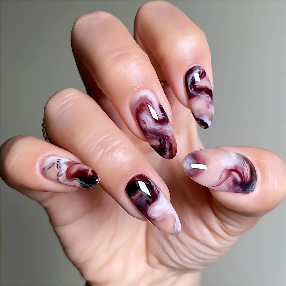 Press on Nails Almond Medium Fake Nails with Nail Glue Purple Ombre Acrylic False Nails with Marbling Sfumato Designs Glossy Artificial Nails Luxury Reusable Stick on Nails for Women 24Pcs