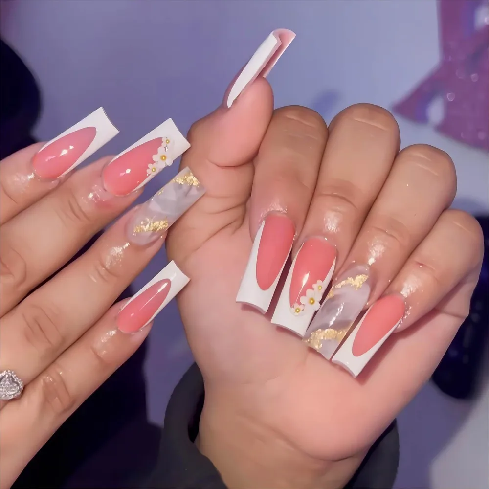 White French Tip Press on Nails Medium Square Fake Nails with Nail Glue Pink Acrylic False Nails with 3D Flower Designs Gold Glitter Artificial Nails White Ombre Stick on Nails for Women