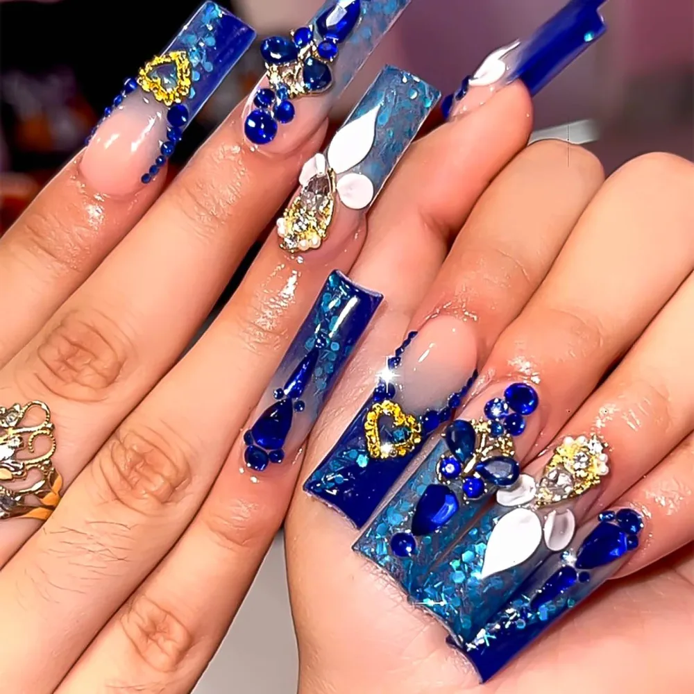 French Press on Nails Long Square Fake Nails Blue Acrylic False Nails with 5D Blue Rhinestones Charms Designs Gold Heart Charms Glitter Artificial Nails Luxury Stick on Nails for Women 24Pcs