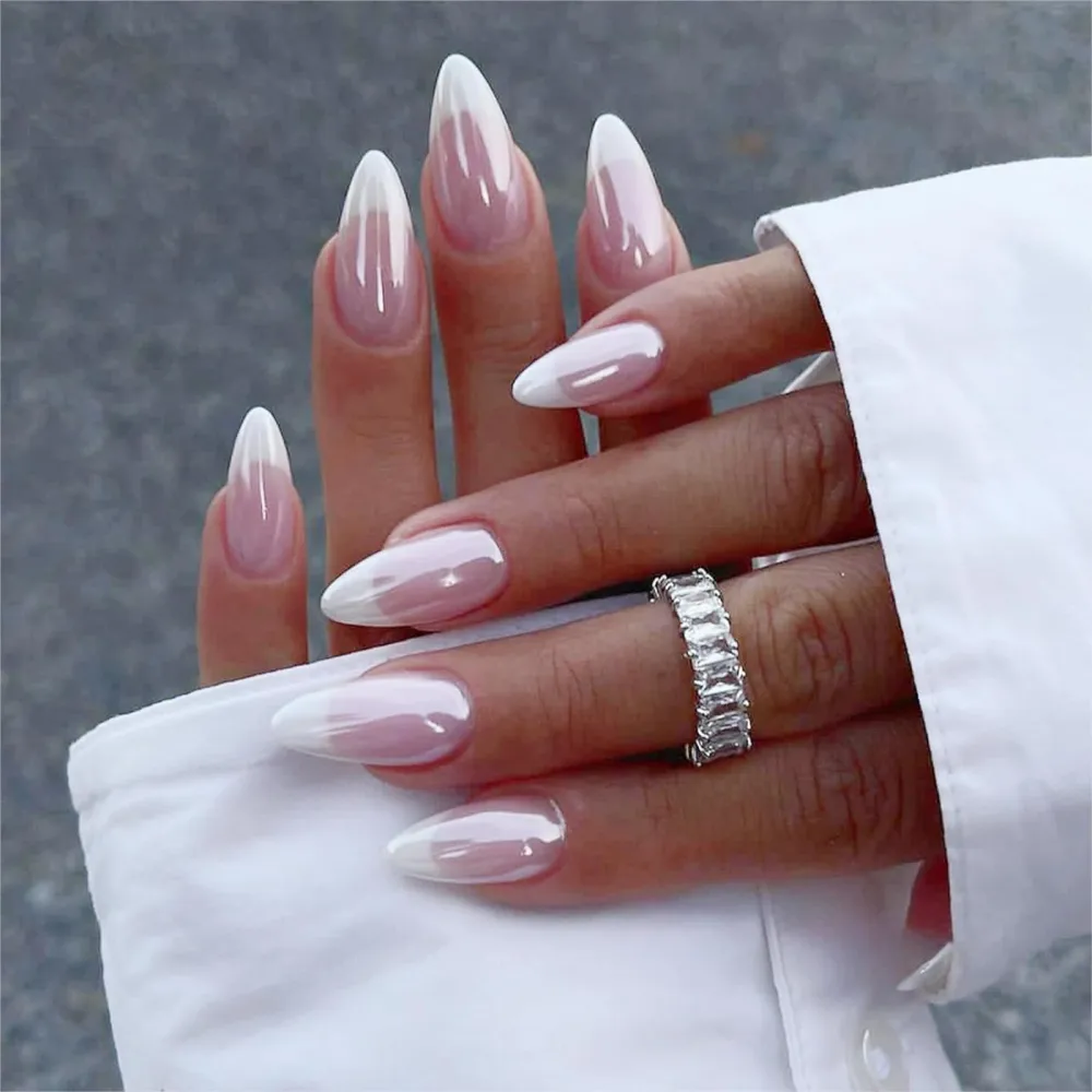 French Tip Press on Nails Medium Almond Fake Nails with Designs Chrome White Nail Tips Cute Full Cover Acrylic Artificial Nude False Nails Natural Glue on Nails for Women and Girls 24Pcs