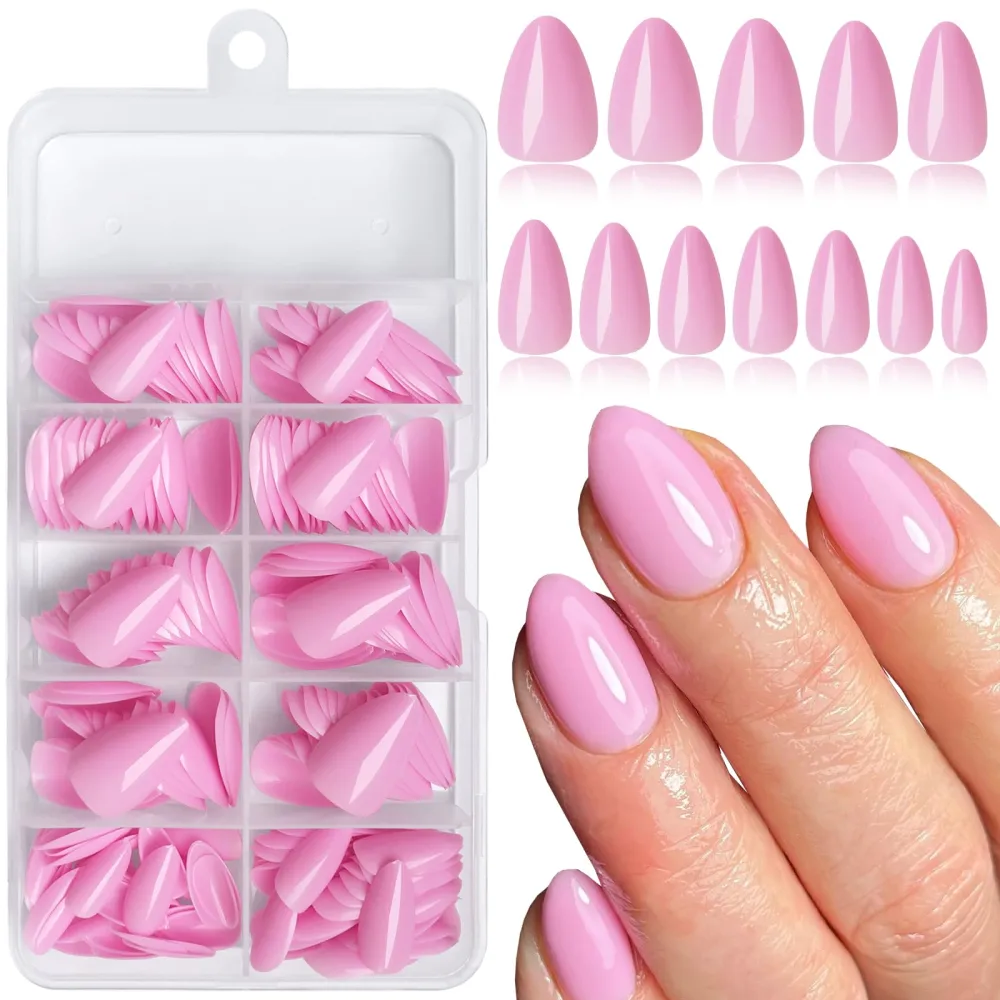 LoveOurHome 240pc Almond Press on Nails Short Fake Nails Pink Glue on Nails Short Almond Nails Press ons Acrylic Nail Full Cover Artificial Fingernail XS Stiletto False Nail with Adhesive Tabs