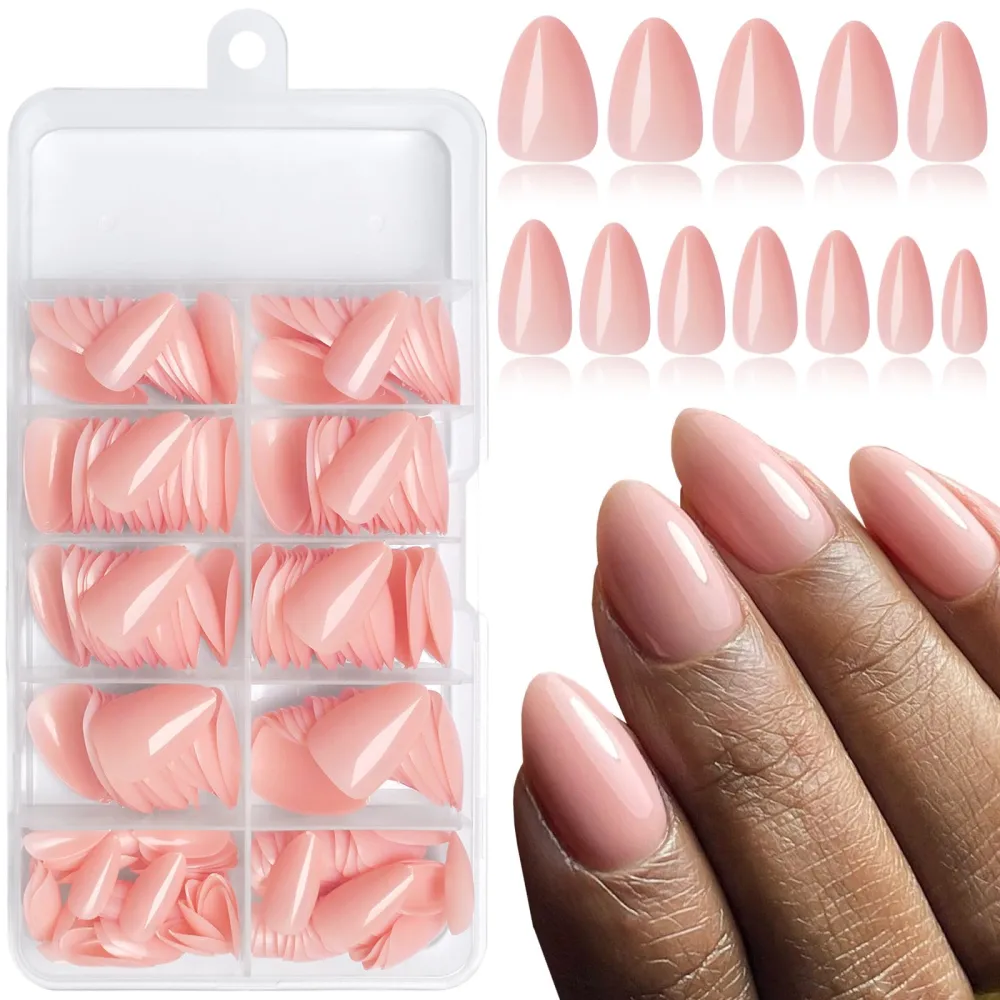 LoveOurHome 240pc Almond Press on Nails Short Fake Nails Nude Pink Glue on Nails Short Almond Nails Press ons Acrylic Nail Full Cover Artificial Fingernail XS Stiletto False Nail with Adhesive Tabs