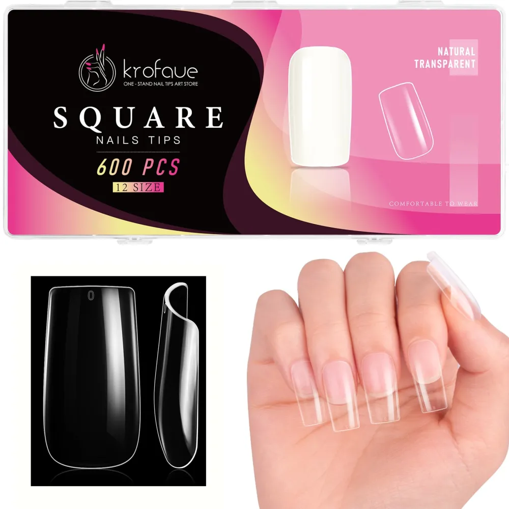 krofaue Square Nails Tips 600Pcs False Acrylic Fingernails Clear Nails Tips Full Cover French Artificial Nails Tip 12 Sizes with Box for Nail Tips Art Salons and Home DIY(Clear)