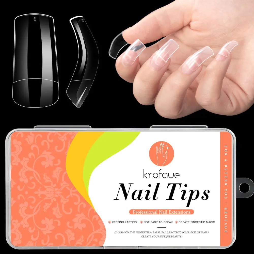 krofaue Square Nail Tips - Curved Nail Tips 100pcs Clear Nail Tips for Acrylic Nails Professional Half Cover False Nails C Curve Fake Nail Extension Tips for Holidays Women Gift with Box(Square 100C)