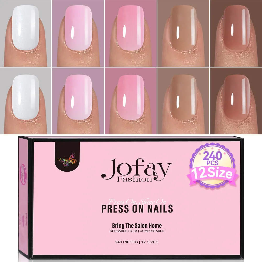 240Pcs Press on Nails Short Kit, Jofay Fashion Valentines Classic Artificial Fake Nails with Glue, 5 Solid Color Glue on Nails Kit, Reusable Glitter White Acrylic False Nails Stick on Nails