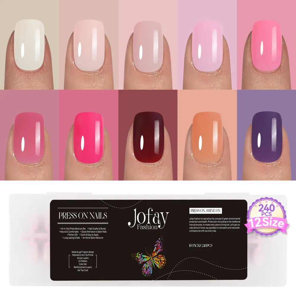 240Pcs Press on Nails Short Kit, Jofay Fashion 10 Solid Color Valentines Fake Nails with Glue, Natural Glossy Artificial Acrylic False Nails, Stick on Nails for Women, Soft Gel Glue on Nails Kit