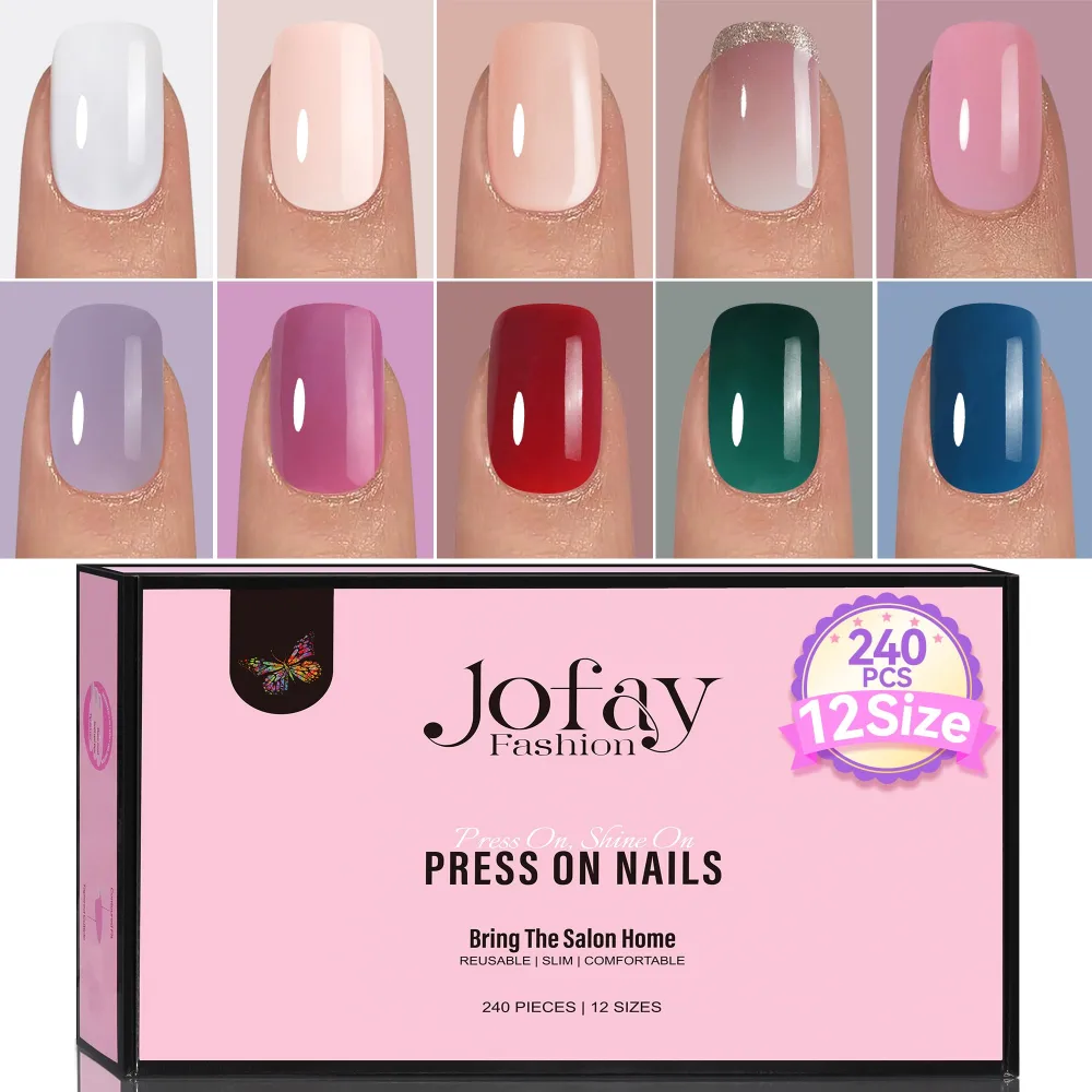 Gel Nail Tips Short Press on Nails Square, Jofay Fashion 10 Packs (240 Pcs) Short Glitter French Tip Nails Solid Color Fake Nails Kit Glue on Nails Set with Glue Buffer Nails Stickers