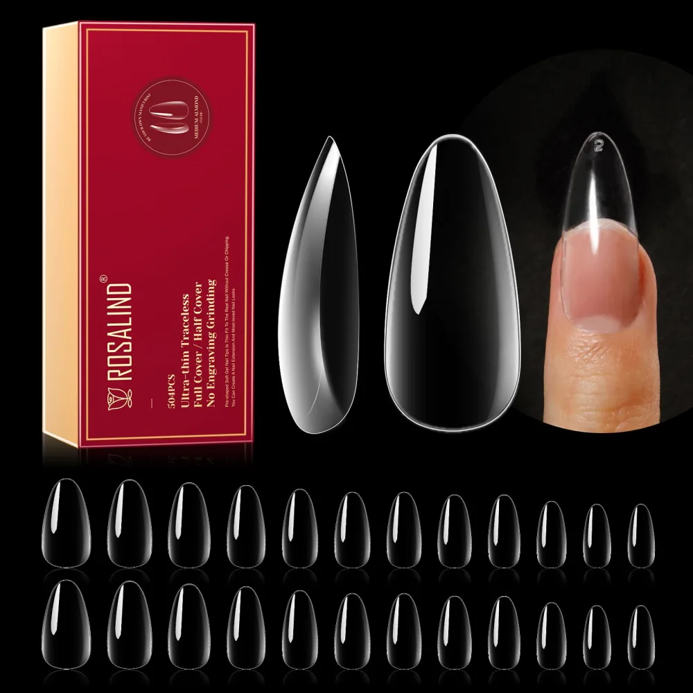 ROSALIND False Nails, 504PCS Clear Medium Almond, Full Cover False Nails Tips, Acrylic Material, 12 Sizes, for Extension Nail Art, Salon DIY for Women