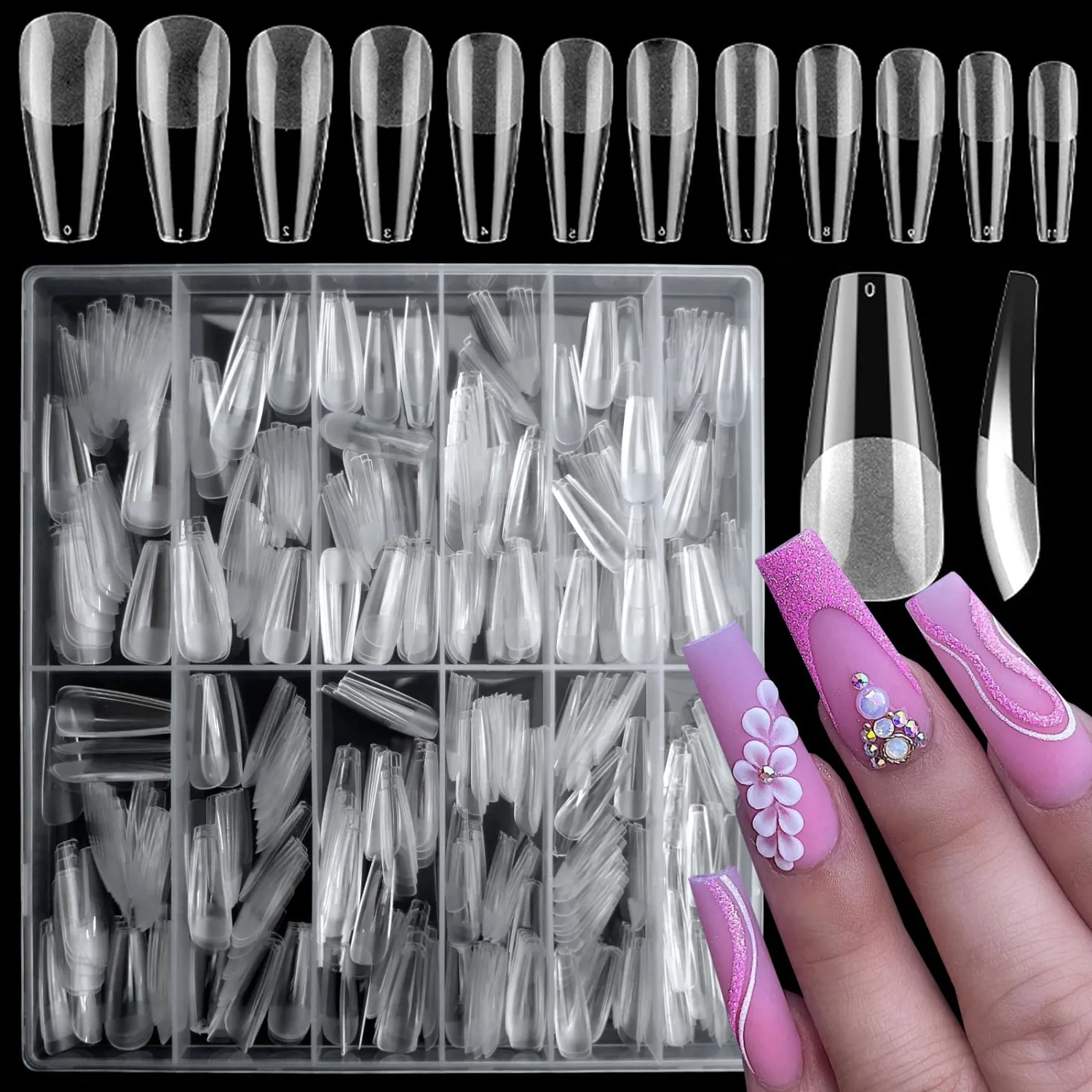 LoveOurHome 600pc Long Coffin Fake Nail Tips Clear Press on Nails Coffin False Nails Full Cover Soft Gel Nail Tips Long Acrylic Nail Artificial Fingernail for Salon & Home Gel Nail Extension