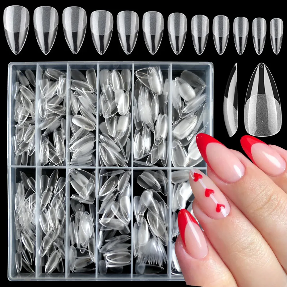 LoveOurHome 600pc Almond Gel X Nail Tips Full Cover Short Stiletto Fake Nails Clear Medium Almond Artificial False Fingernails for Salon Home Gel x Acrylic Nails Extension Press on Nail Making