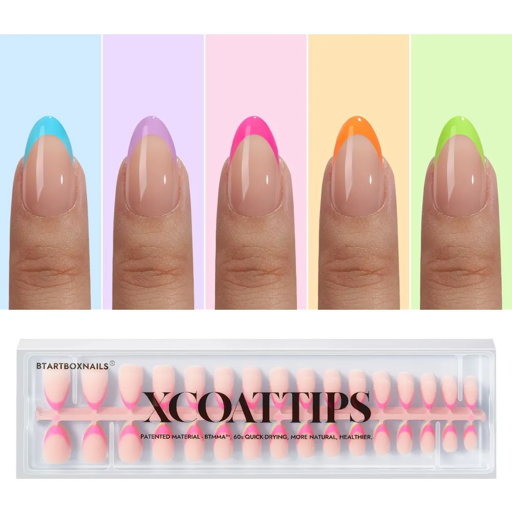 BTArtboxnails XCOATTIPS French Gel Nails - French Tip Press on Nails, Short Almond Nail Tips, Brighter Pastel Soft Gel Nails False Nail, Soak Off Acrylic Fake Nails Art