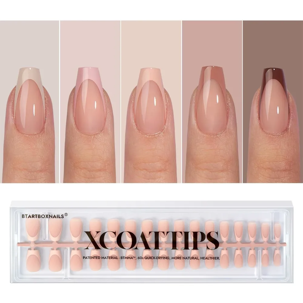 btartboxnails XCOATTIPS Press on Nails - French Tip Press on Nails, Fall Nails Short Coffin Nails Tips, Skin Tones Soft Gel Nails False Nail, Soak Off Acrylic Fake Nails Extensions