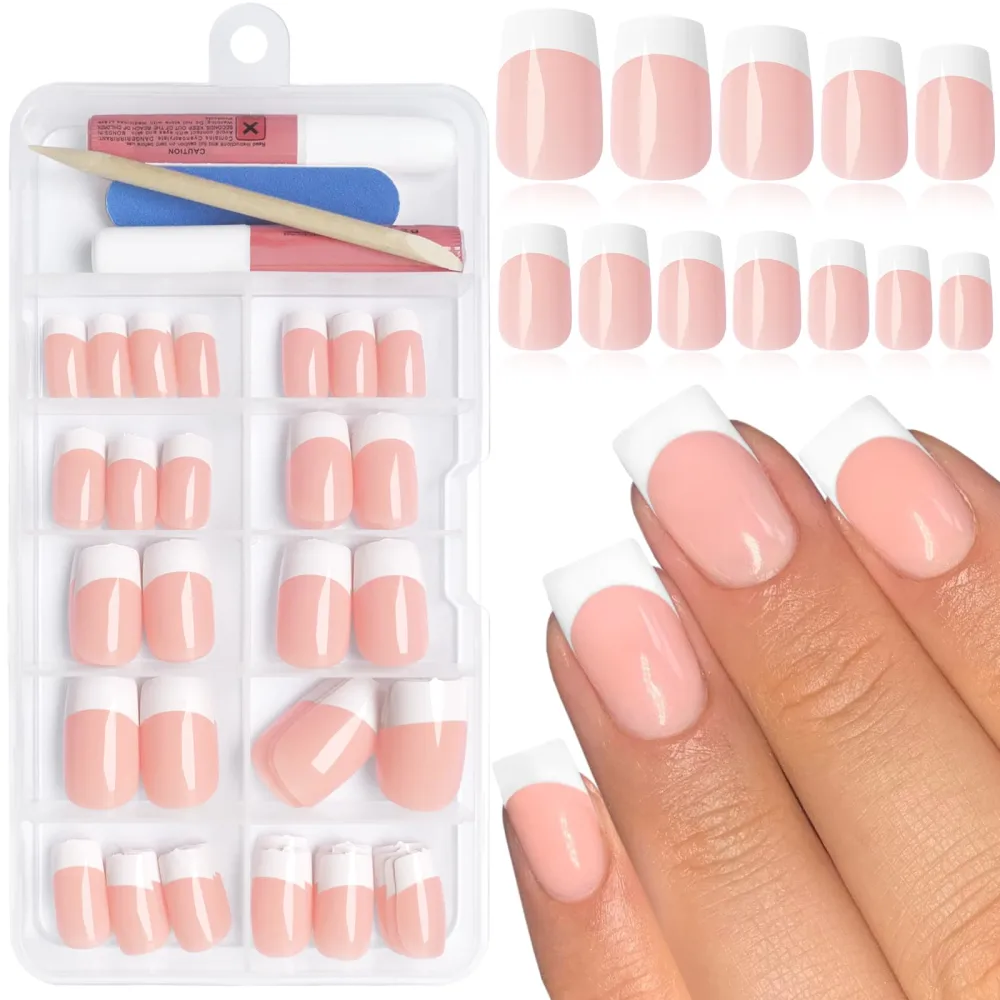 120Pcs White French Tip Press on Nails, Short Square Fake French Nails Full Cover Nude False Nail Press ons Artificial Acrylic Glue on Nails for Women Girls Finger Nails Design