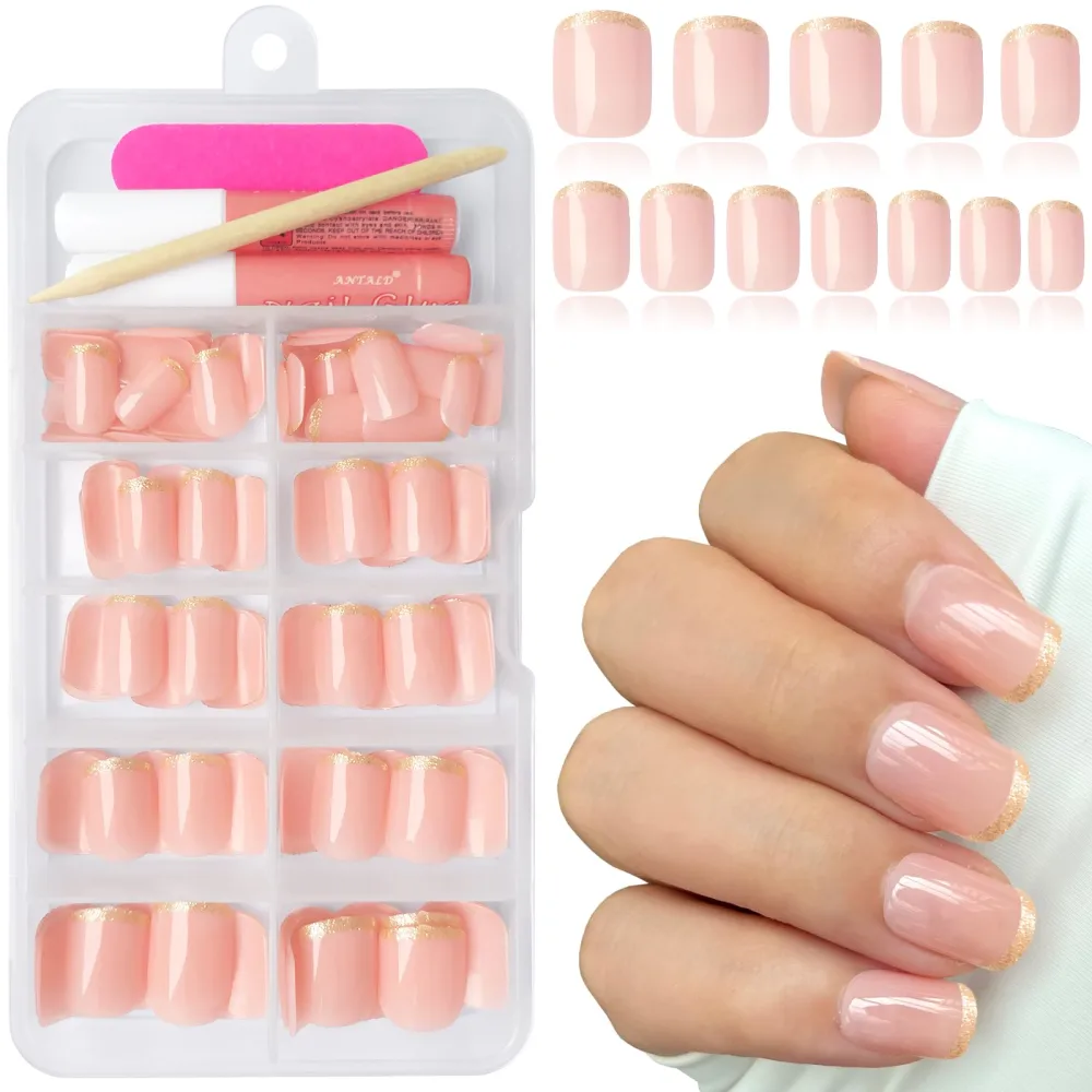 120Pcs French Tip Press on Nails Short Square Fake Nails Acrylic Glue on Nails with French Gold Glitter Design Cute False Nails with 5 Sheets Adhesive Tabs for Women Girls