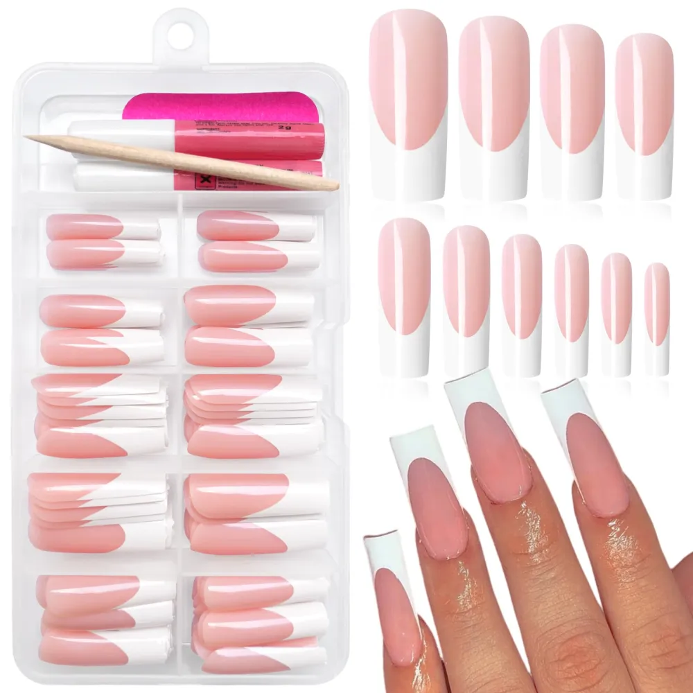 120Pcs Long Press on Nails Square Nude French Fake Nails, Glossy Long False Nails Press Ons Acrylic Stick on Nails for Women Girls Fingernails Design