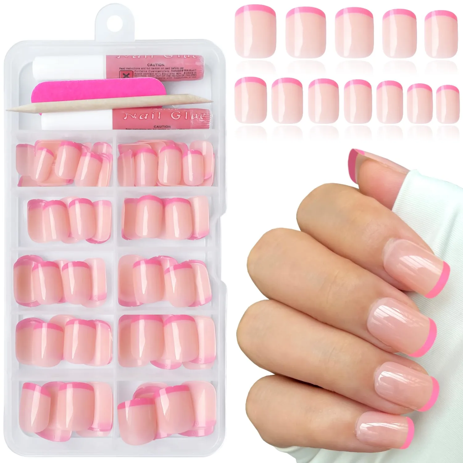 120Pcs Pink French Tip Press on Nails Short Square Fake Nails, Full Cover Glossy Short False Nails Acrylic Glue on Nails with 5 Sheets Adhesive Tabs for Women Girls