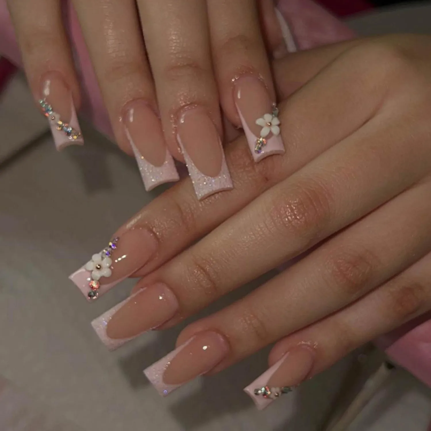 French Square Press on Nails Medium Fake Nails Tips Full Cover Flower False Pink Nails for Women and Girls 24PCS