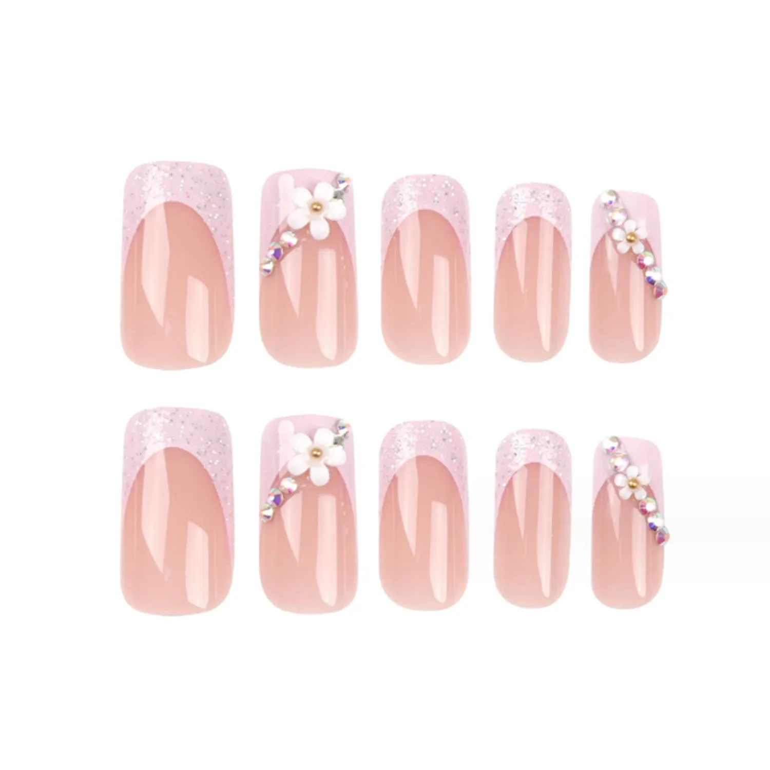 French Square Press on Nails Medium Fake Nails Tips Full Cover Flower False Pink Nails for Women and Girls 24PCS