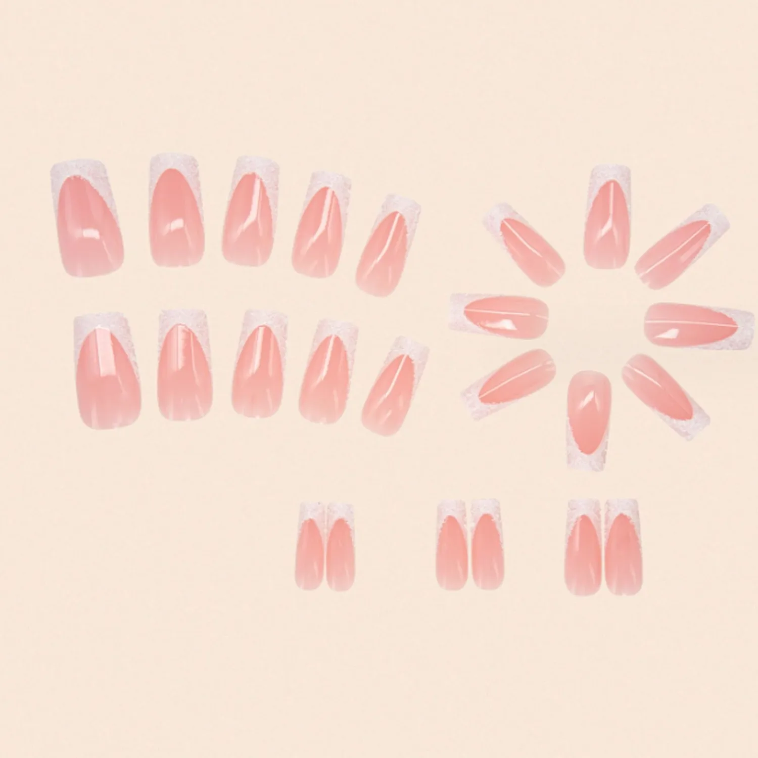 Shiny Square Press on Nails Shiny Fake Nails French Tips Full Cover Medium Pink False Nails for Women and Girls 24PCS