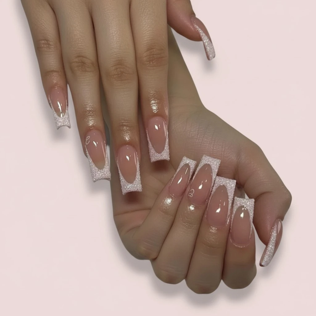 Shiny Square Press on Nails Shiny Fake Nails French Tips Full Cover Medium Pink False Nails for Women and Girls 24PCS
