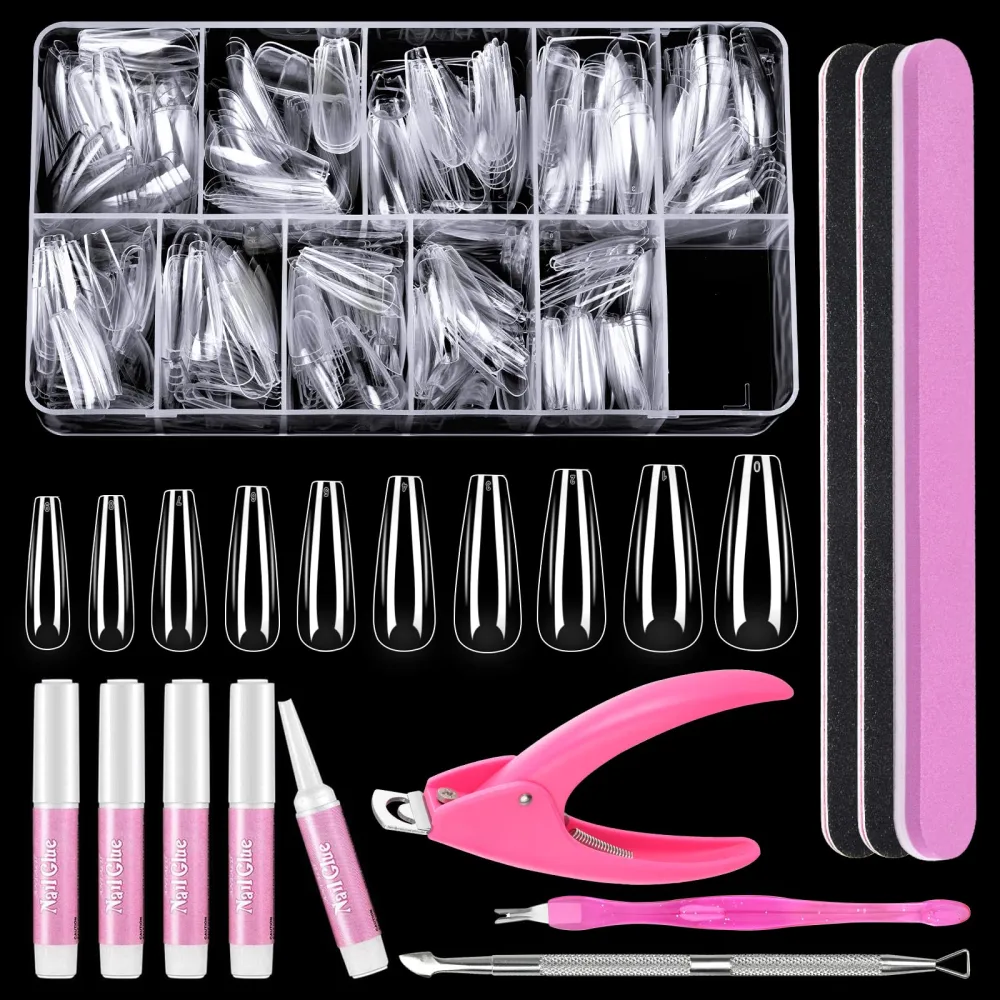 Clear False Coffin Nail Tips, MORGLES Full Cover Nail Tips Set with 500pcs Clear Press On Nails Fake Nail Tips with Nail Glue, Clipper, Files, Cuticle Pusher and Fork for Gel Nail Art DIY