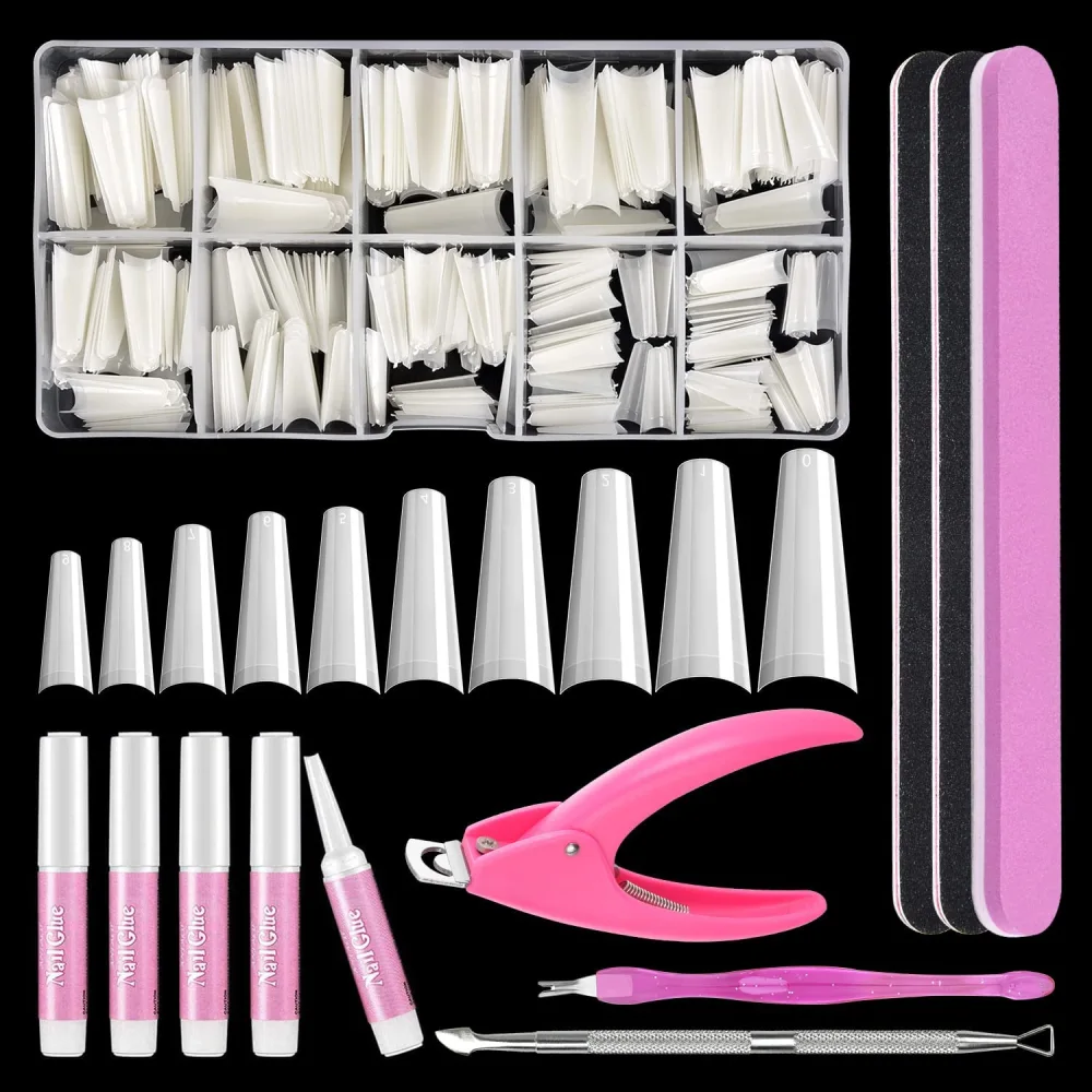 Natural Coffin Nail Tips, MORGLES 500pcs White Long Fake Nail Tips Half Cover False Nail with Glue, Clipper, Files, Cuticle Pusher and Fork for Nail Art, 10 Sizes