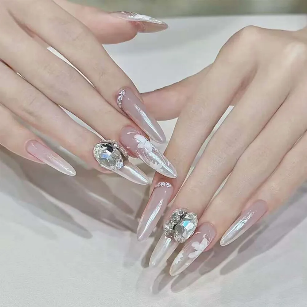 24pcs Nude Press on Nails Long Pointed Almond Shaped Fake Nails Glossy Acrylic Glue on Nails With Crystal Rhinestones Design Full Cover Artificial Stiletto False Nails for Girls Women Wedding