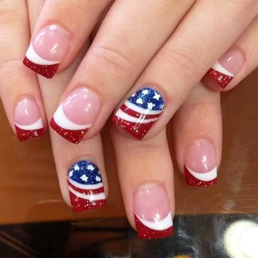 24Pcs Red French Tip Press on Nails Short Square 4th of July Fake Nails with Glitter American Flag Star Design Patriotic Independence Day False Nails Artificial Acrylic Glue on Nails for Women Decor