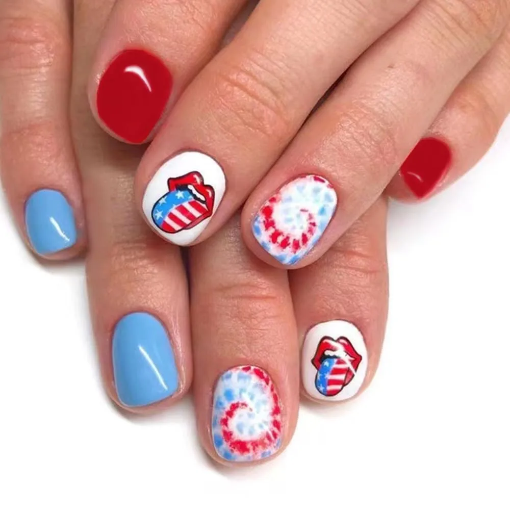 4th of July Press on Nails Short Petite Acrylic Nails Independence Day Fake Nails with Patriotic Star Designs Red Blue Full Cover Glue on Nails for Women Girls 4th of July Nails Decor 24Pcs