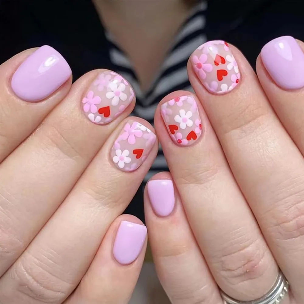 Short Press on Nails Square Pink Fake Nails with Flower Heart Design Spring Summer Glue on Nails Colorful Floral False Nails Natural Fit Coffin Shaped Artificial Nail Art for Women 24Pcs