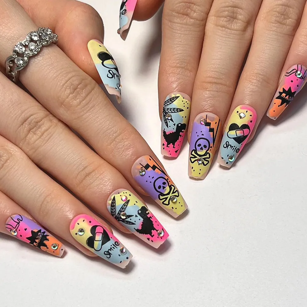 Coffin Press on Nails Medium Fake Nails with Glue Graffiti Skull Heart Designs Glue on Nails Medium Length Artificial Acrylic False Nails Press ons Matte Full Cover Stick on Nails for Women 24 Pcs