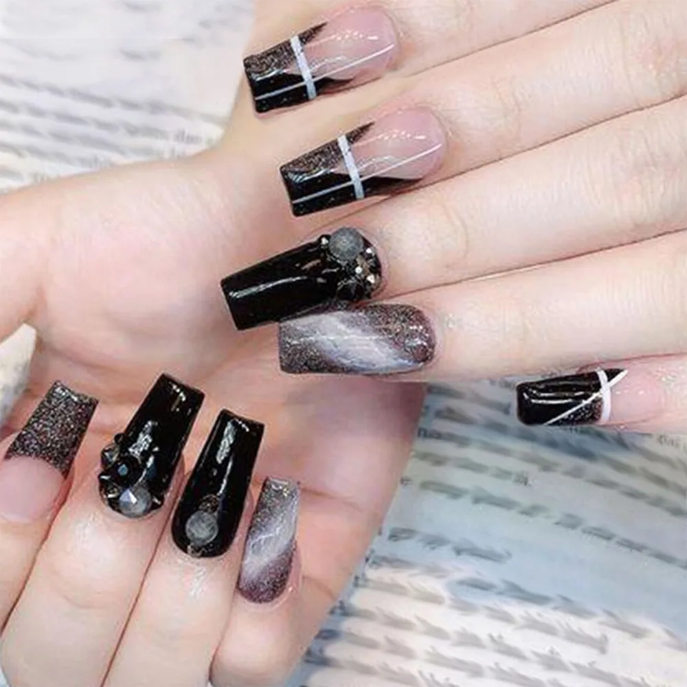 Black Press on Nails Medium Coffin Glue on Nails Medium Length Fake Nails with Glue Marble Designs Full Cover Acrylic False Nails Artificial Stick on Nails for Women 24 Pcs