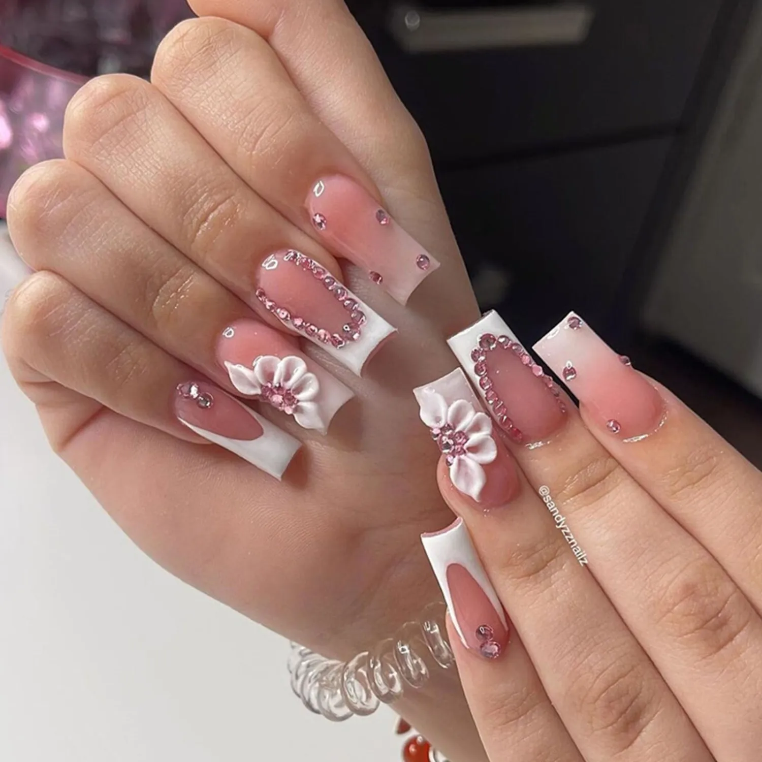 Coffin Press Medium Length Fake Nails Artificial False Nails with Flower Rhinestone Designs Glossy Acrylic Nails Full Cover Glue On Nails for Women 24 Pcs