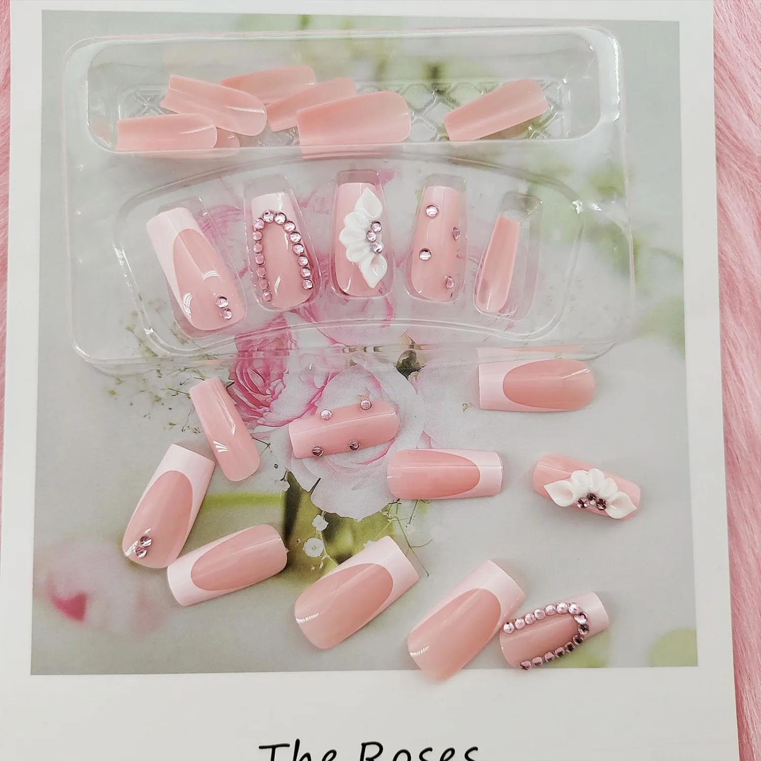 Coffin Press Medium Length Fake Nails Artificial False Nails with Flower Rhinestone Designs Glossy Acrylic Nails Full Cover Glue On Nails for Women 24 Pcs