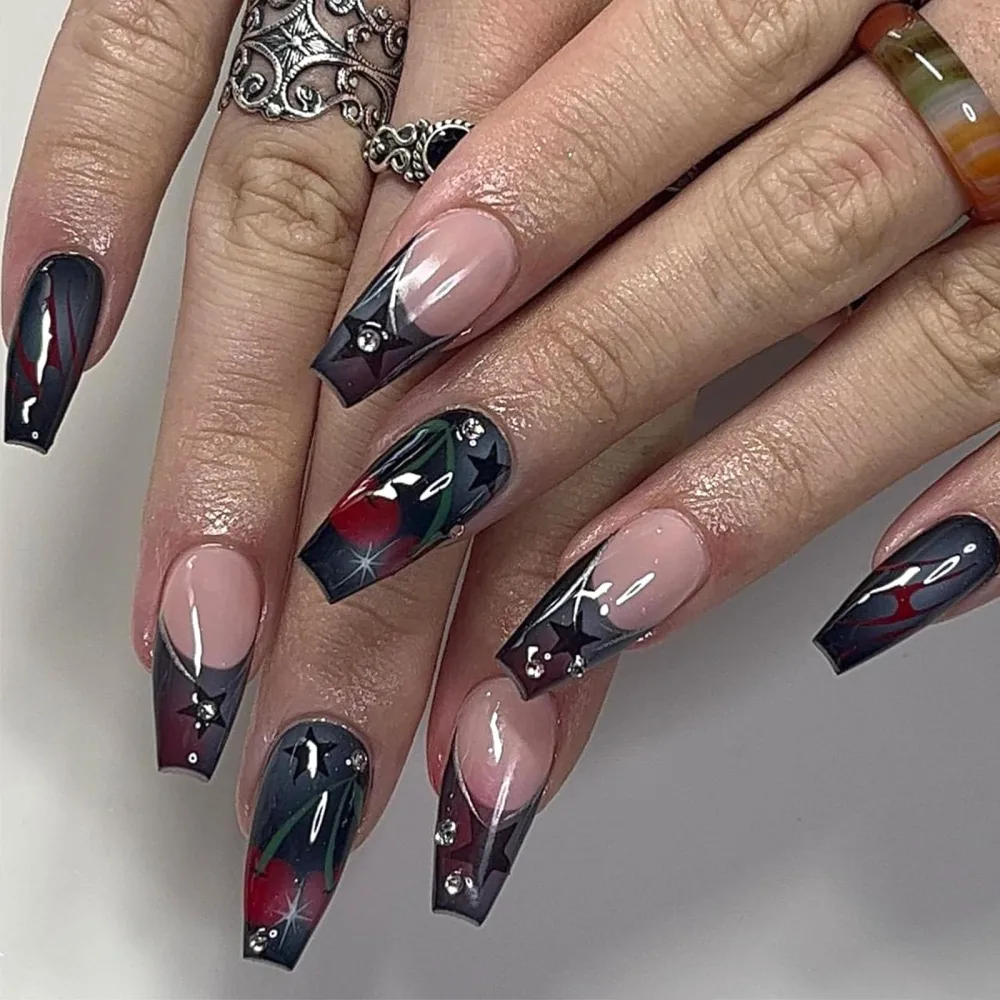 Black Press on Nails Medium French Tip Fake Nails with Glue Goth Rose Stars Designs Glue on Nails Medium Length Black Full Cover Acrylic False Nails Press ons for Women 24 Pcs