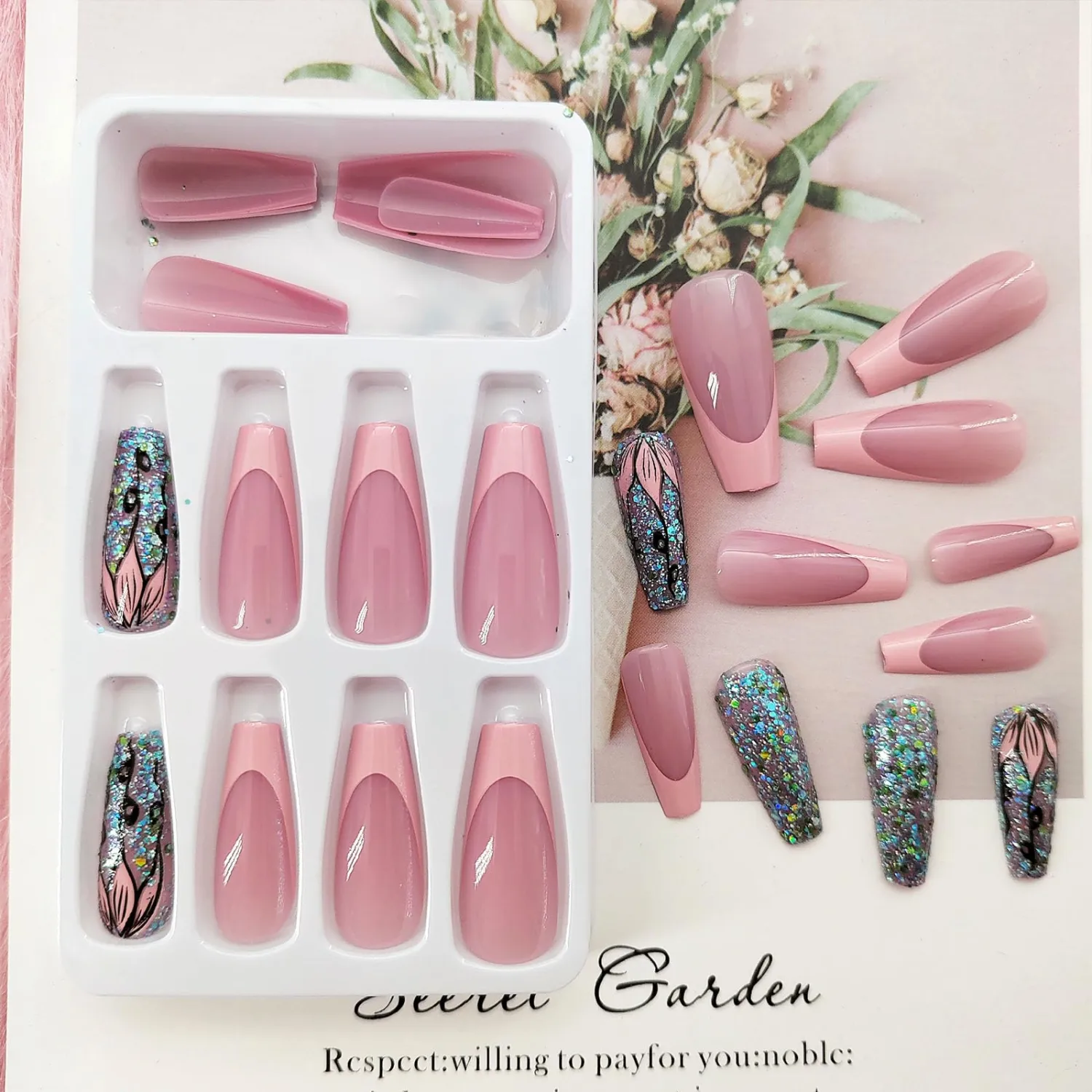 Coffin Press on Nails Medium Dark Pink French Tip Fake Nails Press ons, Full Cover Flase Nails with Glitter Flower Designs Artificial Long Acrylic Glue on Nails for Women 24 Pcs