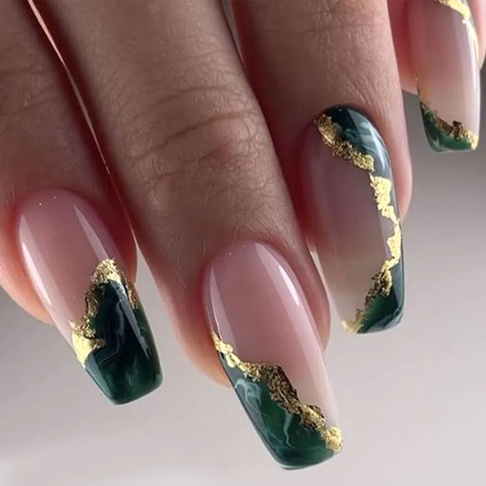 Press on Nails Medium Coffin Gold Foil Designs Fake Nails with Glue on Nails Medium Length Green Pink Full Cover False Nails Press ons Glossy Stick on Nails for Women 24 Pcs