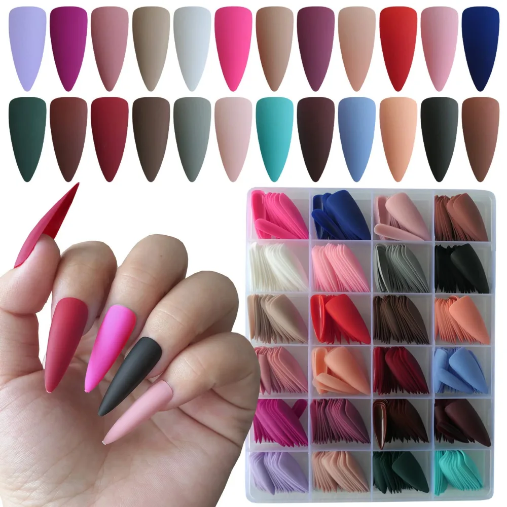 LoveOurHome 576pc Matte Stiletto Press on Nails Long Pointy Fake Nail Tips Full Cover Artificial Fingernails Colored False Nail Halloween Acrylic Nail Artificial Manicure 24 Colors for Women Girls