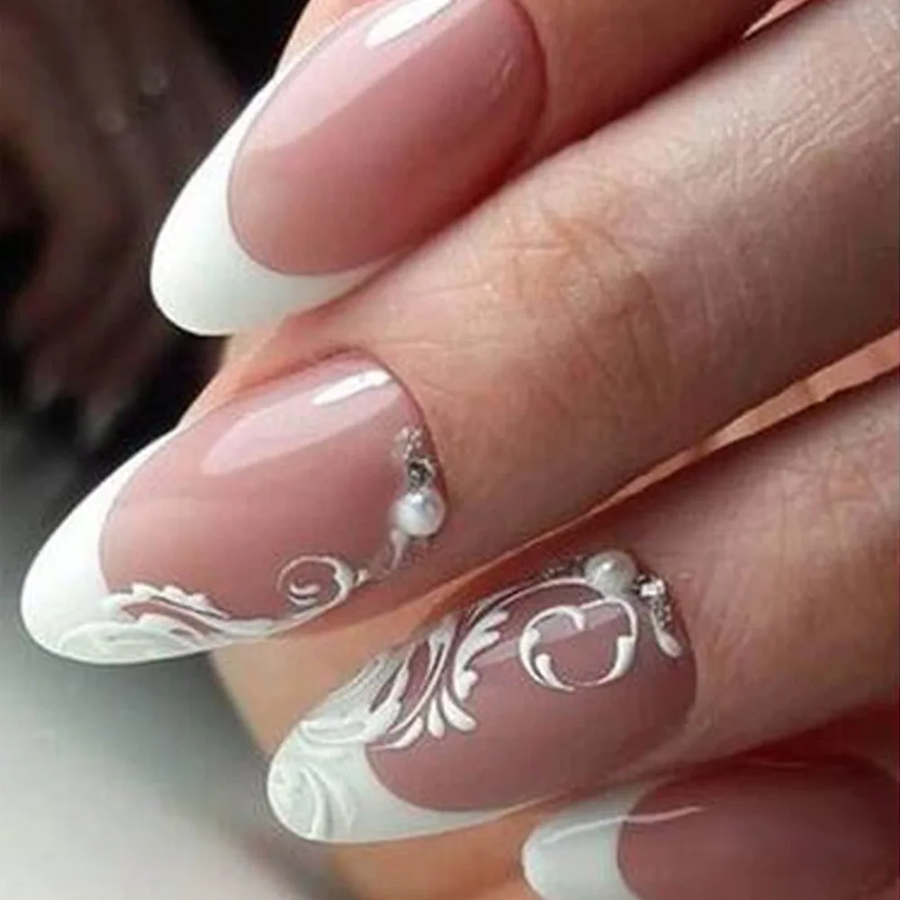 French Tip Press on Nails Medium Almond Fake Nails with Flower Design Nude Stick on Artificial Nails Glossy Glue on False Nails for Women